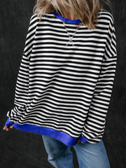 Himmelblauer Streifen übergroßer Pullover mit kontrastartigem Schnitt - Miniatuur