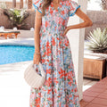 Apricot Floral Print V Neck Contrast Trim Flutter Sleeve Long Dress - Damesmode Afbeelding 3 - Foto 3
