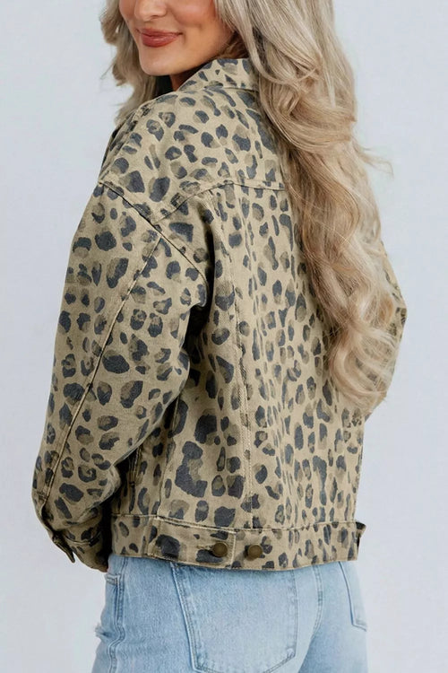 Leopard Print Seam Detail Button Down Denim Jacket - Detail