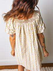 Multicolour Floral Print Contrast Ribbon Bow Lace Trim Square Neck Mini Dress - Miniatuur