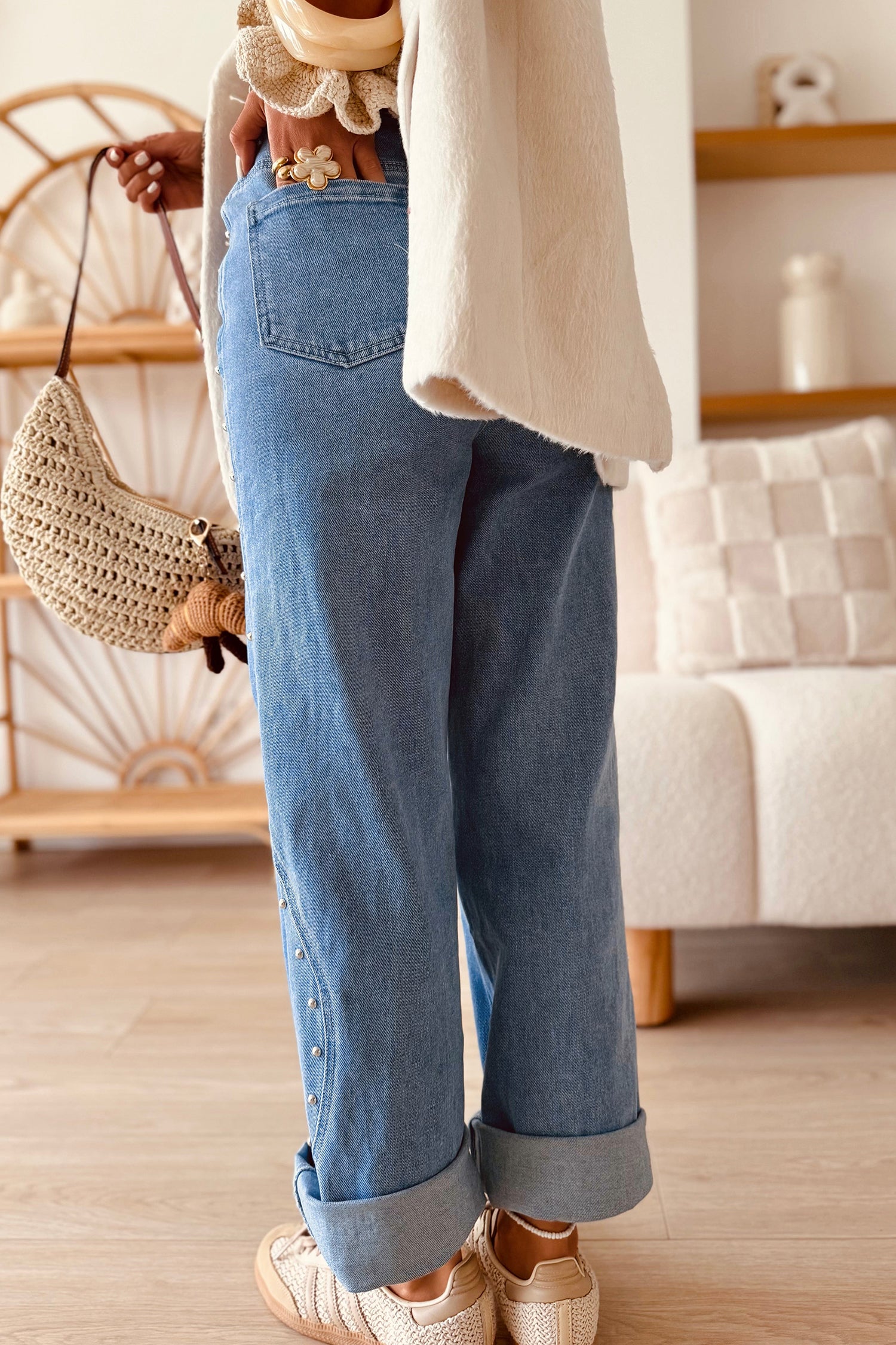 Dämmerungsblaue Seitennaht-Nietendetail knöchellange Casual-Jeans