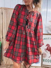 Red Plaid Tie Front Long Sleeve Short Shift Dress - Miniatuur