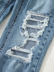 Myosotis Rohsaum, aufgerissene Knie-Passform-Flare-Jeans - Miniatuur