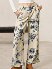 Beige Retro Floral Print Turn-up Cuffed Hem Loose Jeans - Damesmode Afbeelding 4 - Miniatuur