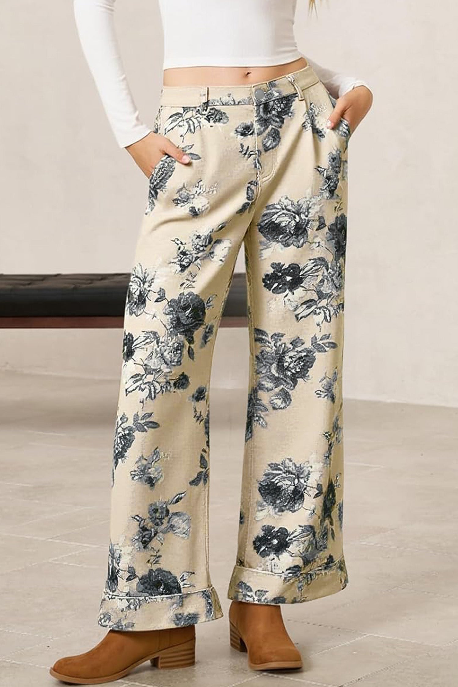 Beige Retro Floral Print Turn-up Cuffed Hem Loose Jeans - Damesmode Afbeelding 4