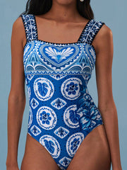 Blue Tile Pattern Ricrac Wide Straps Sheath One Piece Swimsuit - Damesmode Afbeelding 7 - Miniatuur