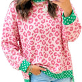 Khaki Leopard Polka Dot Colorblock Trim Long Sleeve Top - Foto 6