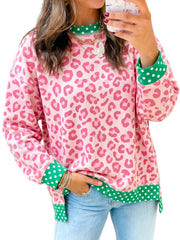Khaki Leopard Polka Dot Farbblock-Trim Langarm-Oberteil - Miniatuur