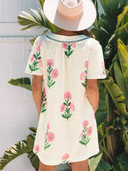 Rosé-Blumen-Kurzärmel-Split-Neck-Locker-Mini-Kleid - Miniatuur