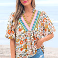 Mehrfarbige Häkelbluuse mit V-Ausschnitt und Puffärmel Boho-Blumenbluse - Foto 3
