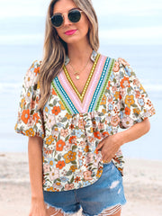 Camicetta a fiori boho a maniche a sbuffo all'uncinetto a V a crono - Miniatuur
