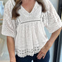 Lace Crochet Hollowed Scallop Hem V Neck Blouse