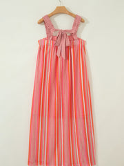 Pink Stripe Ruffled Straps Ribbon Knot Flowy Vacation Maxi Dress - Miniatuur