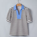 Black Stripe Short Puff Sleeve Color Block Polo Collar Blouse - Damesmode Afbeelding 3 - Foto 3