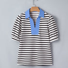 Schwarze Streifenbluse mit kurzen Puffärmeln Farbblock Polokragen-Bluse – Damesmode Afbeelding 3 - Thumbnail