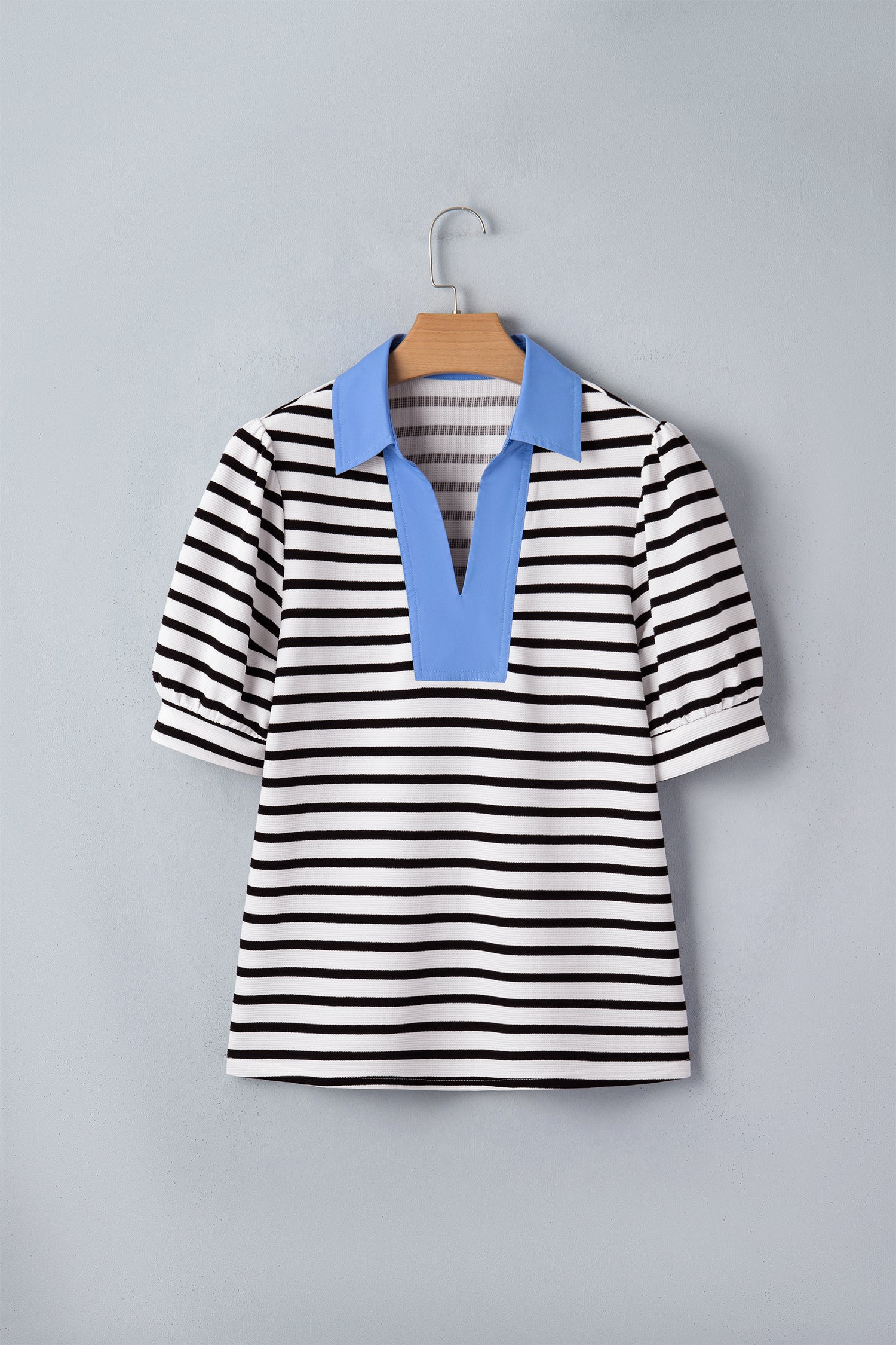 Black Stripe Short Puff Sleeve Color Block Polo Collar Blouse - Damesmode Afbeelding 3
