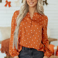 Brown Polka Dot Half Button V Neck Long Sleeve Blouse - Damesmode Afbeelding 5 - Foto 5