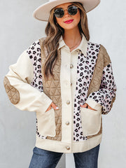 Khaki Leopard Waffle Quilted Patchwork Button Front Jacket - Miniatuur