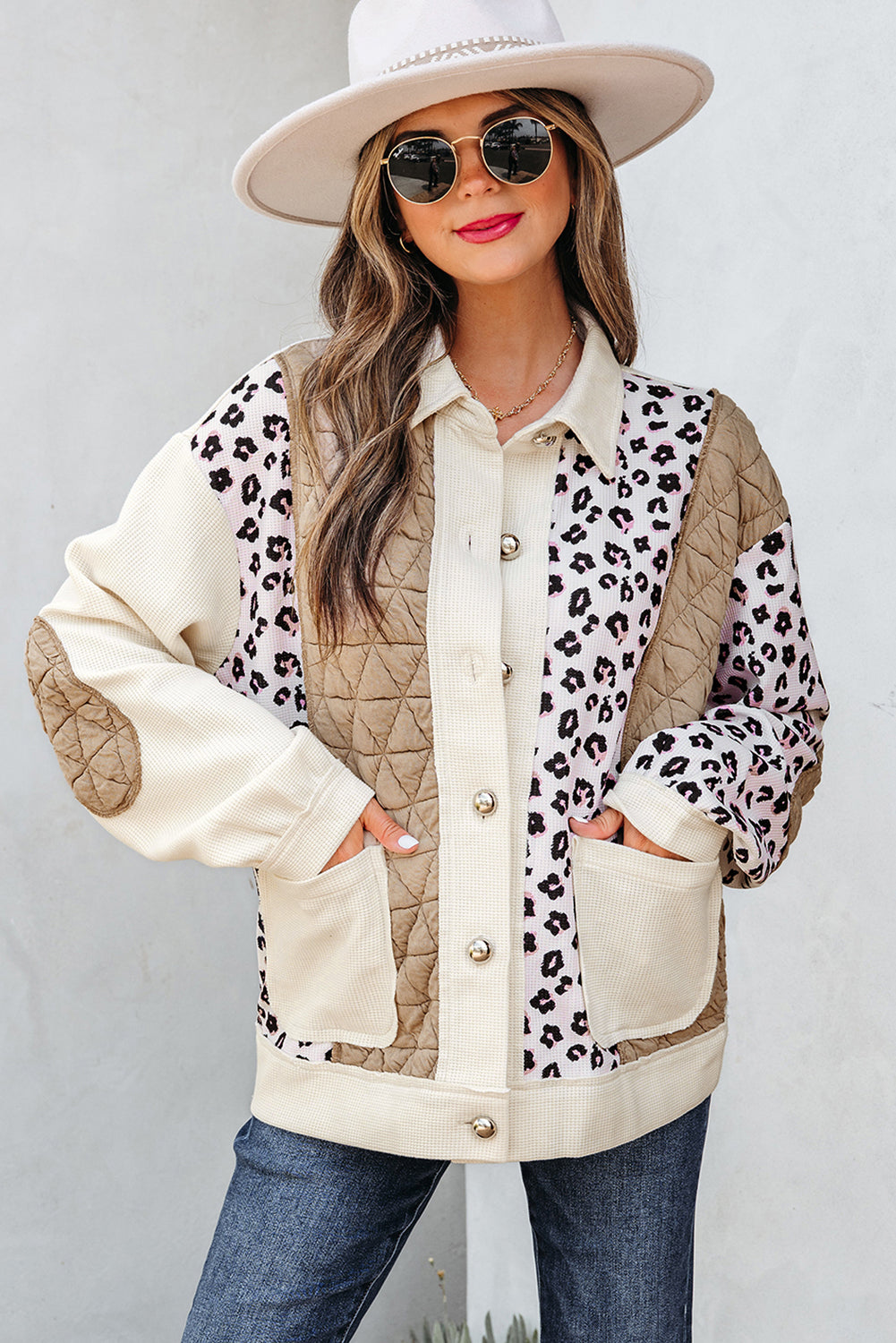 Veste à boutons en patchwork patchwork en gaufre léopard kaki