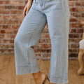 Himmelblo Sträif, Knäppchen, Klapp, Täsch mat Manschetten, breet Jeans mat de Been, - Foto 6