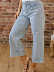 Sky Blue Stripe Button Flap Pocket Cuffed Hem Wide Leg Jeans - Miniatuur