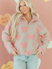 Sweat-shirt gris Sherpa à nœud nuit à fermeture éclair à épaules tombantes ample - Miniatuur