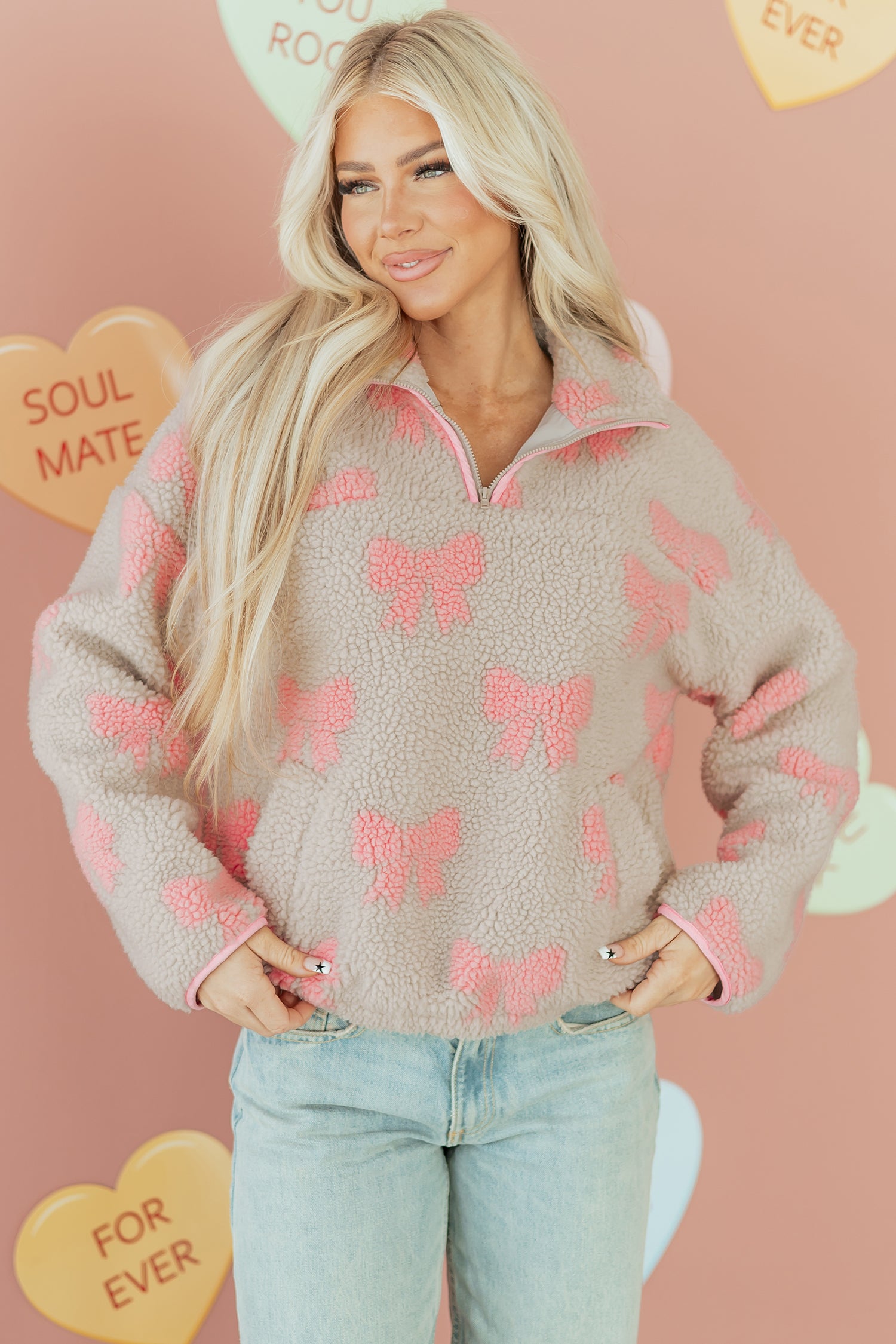Sweat-shirt gris Sherpa à nœud nuit à fermeture éclair à épaules tombantes ample