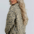 Khaki Retro Leopard Print Seam Detail Button Down Denim Jacket - Foto 2