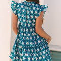 Blue Retro Floral Print Split Neck Ruffle Short Sleeve Dress - Damesmode Afbeelding 2 - Foto 2