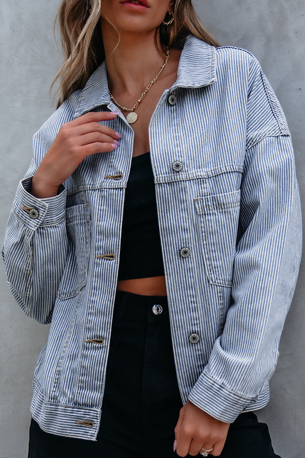 Blue Stripe Washed Oversize Pocketed Denim Jacket - Women's Fashion Image 10