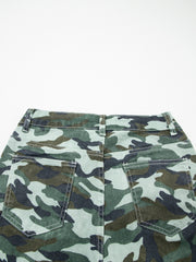 Green Camouflage Print Wide Leg Drawstring Denim Pants - Miniatuur