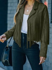 Green Cropped Fringe Faux Suede Jacket - Miniatuur