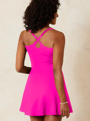Rose Red Contrast Trim Neckline Active Shorts Attached One Piece Swim Dress - Miniatuur