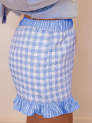 Sky Blue Gingham Print Ruffle Striped Detail Lace Tie Shorts - Miniatuur