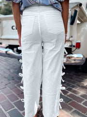 Nodo a fiocco bianco Dettaglio laterale Pantaloni dritti a gamba dritta Pantaloni larghi - Miniatuur