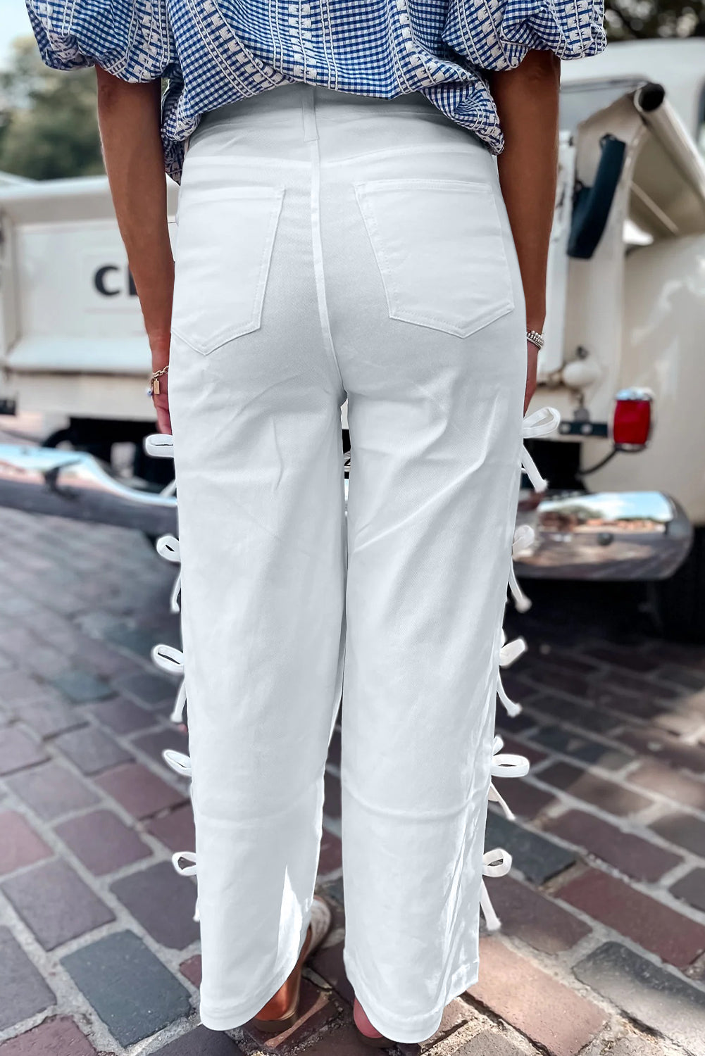 Hvid sløjfeknude sidedetalje Lige ben Løse jeans