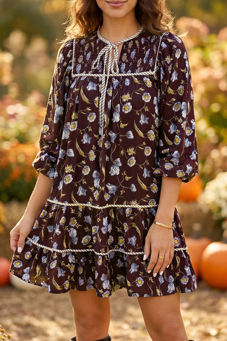 Brown Floral Print Shirred V Neck Shift Dress - Damesmode Afbeelding 1 - Damesmode