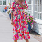 Rose Vibrant Floral Print V Neck Zip Up Puffy Half Sleeve Dress - Thumbnail
