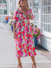 Rose Vibrant Floral Print V Neck Zip Up Puffy Half Sleeve Dress - Miniatuur