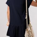 Navy Blue Solid Color Cap Sleeve Ruffle Hem Casual Short Dress - Foto 2
