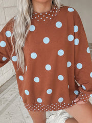 Felpa a Pois Marroni con Contrasto Dettaglio Contrasto Sweatshirt Oversize - Miniatuur