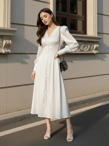 V-Neck Lantern Sleeve Midi Dress - Detail