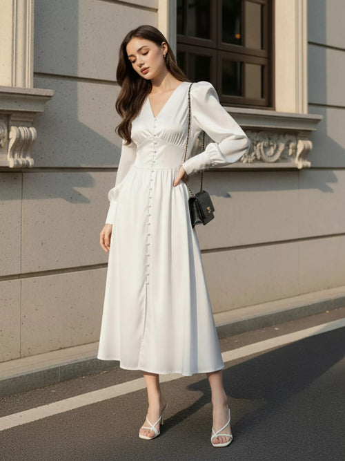 V-Neck Lantern Sleeve Midi Dress - Detail