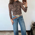 Khaki Leopard Héichhals laang Ärmel Western Slim Top - Foto 3