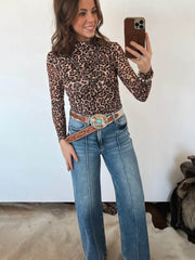 Camiseta slim western de manga larga de cuello alto y leopardo caqui - Miniatuur