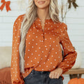 Brown Polka Dot Half Button V Neck Long Sleeve Blouse - Damesmode Afbeelding 4 - Foto 4
