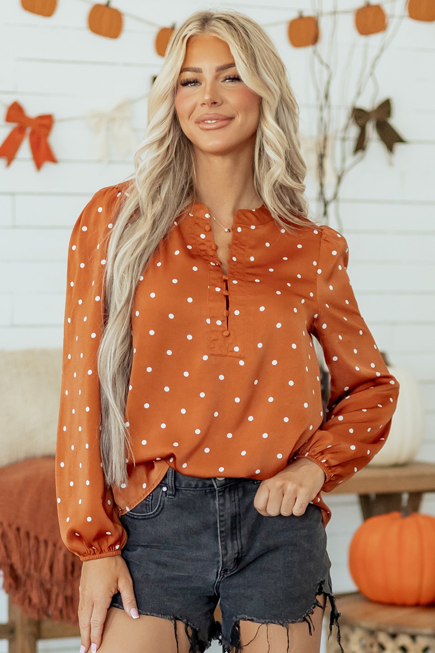 Brown Polka Dot Half Button V Neck Long Sleeve Blouse - Damesmode Afbeelding 4