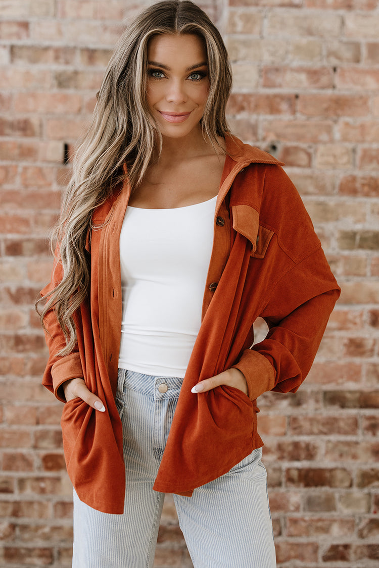 Gold Flame Velvet Flap Pockets Drop Shoulder Casual Shacket - Damesmode