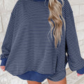 Blue Stripe Ribbed Patchwork Mock Neck Baggy Pullover Matching Shorts Set - Damesmode Afbeelding 2 - Foto 2