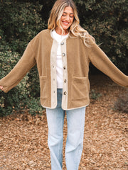 Light French Beige Puffy Plush Corduroy Edge Patchwork Jacket with Big Pockets - Miniatuur